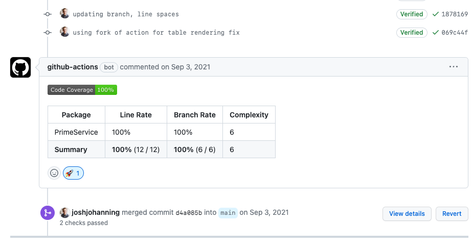 Code Coverage summary posted to a pull request comment using an Action from the GitHub Actions Marketplace