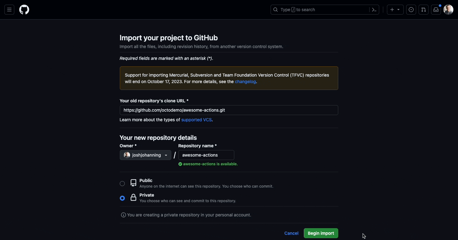 Importing a repository to GitHub using the GitHub Importer