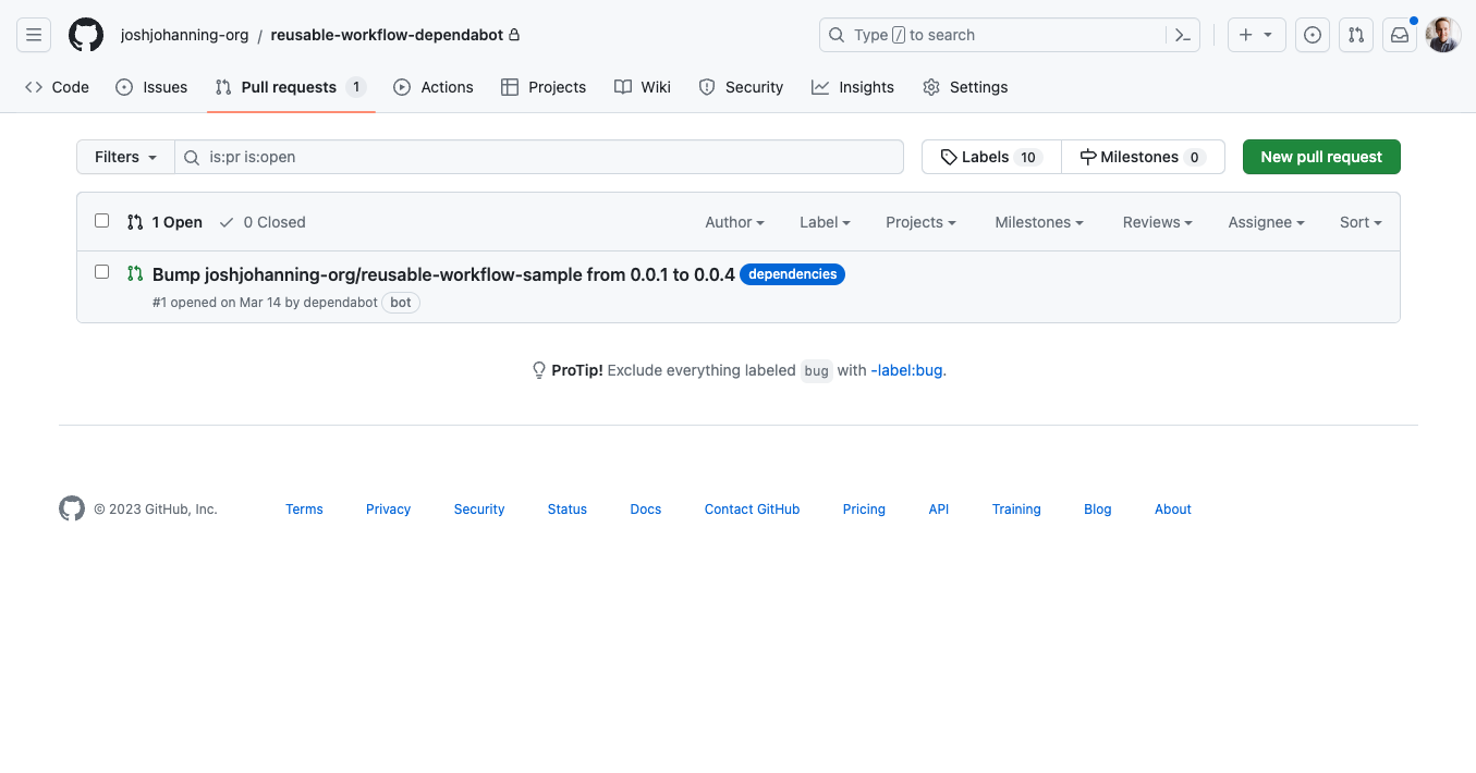 A Dependabot-created pull request for a reusable workflow update version update