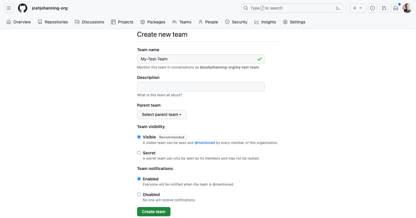 Creating a team in GitHub