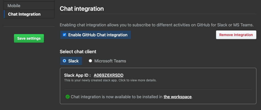 From the management console, install the Slack app