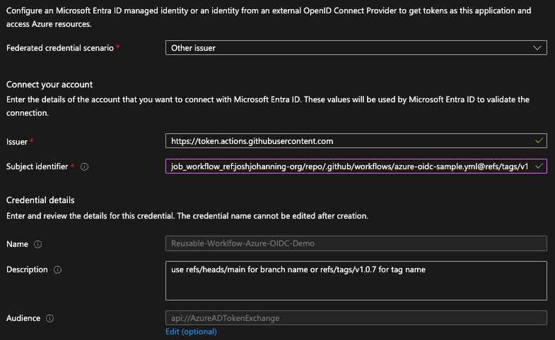 Federated credential in Azure using job_workflow_ref