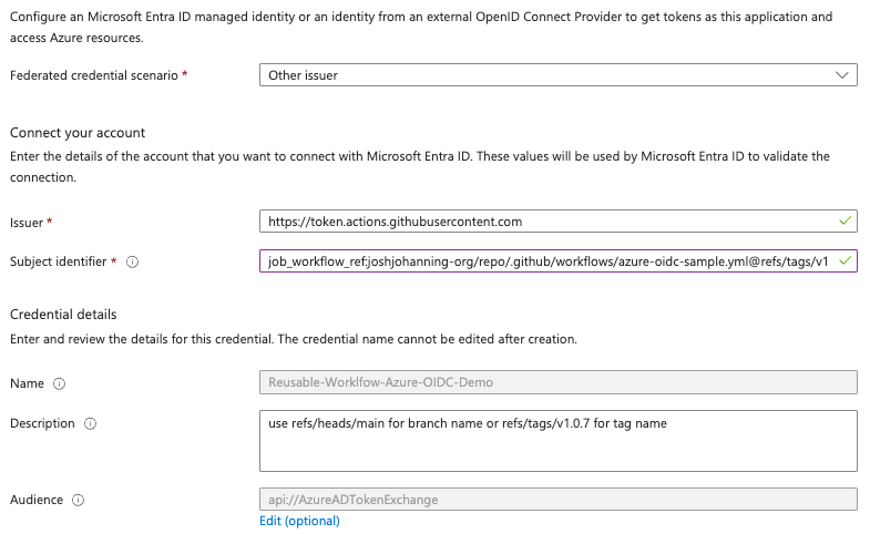 Federated credential in Azure using job_workflow_ref