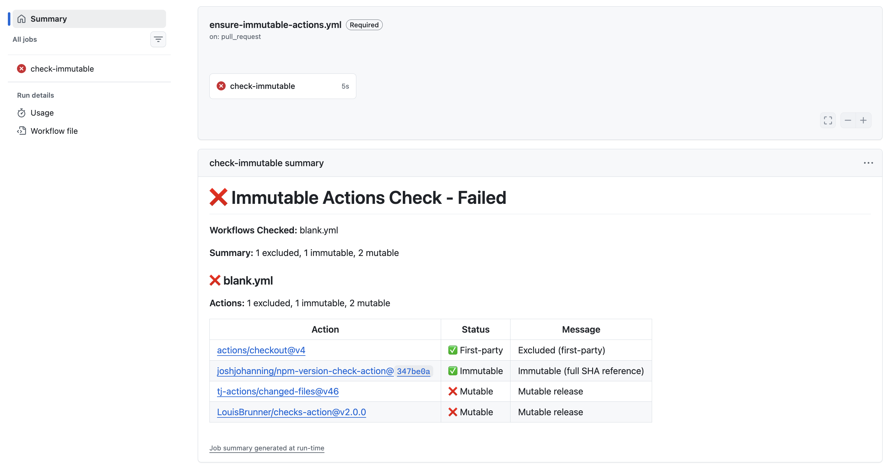 An immutable actions check failing on a pull request because a workflow references a mutable action release
